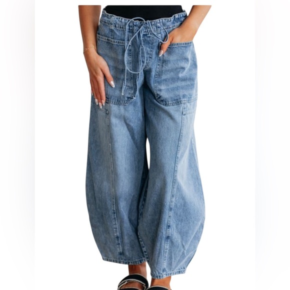 Patch Pocket Drawstring Waist Barrel Jeans - Picture 1 of 3